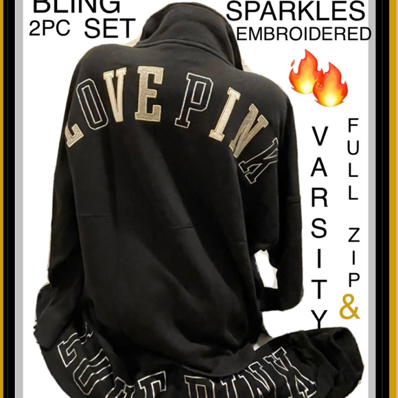 PINK Victoria's Secret Tops - NEW VICTORIAS SECRET PINK BLING VARSITY FULL ZIP & PANTS SET RARE XS-XXL ❤️